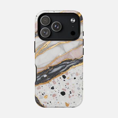 Marble and terrazzo phone case with gold accents, modern design for iPhone