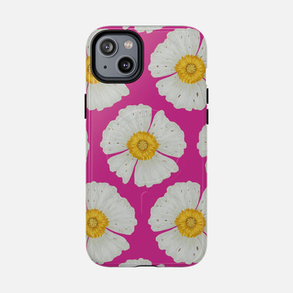 Pink phone case with white flowers and yellow centers, floral design for iPhone