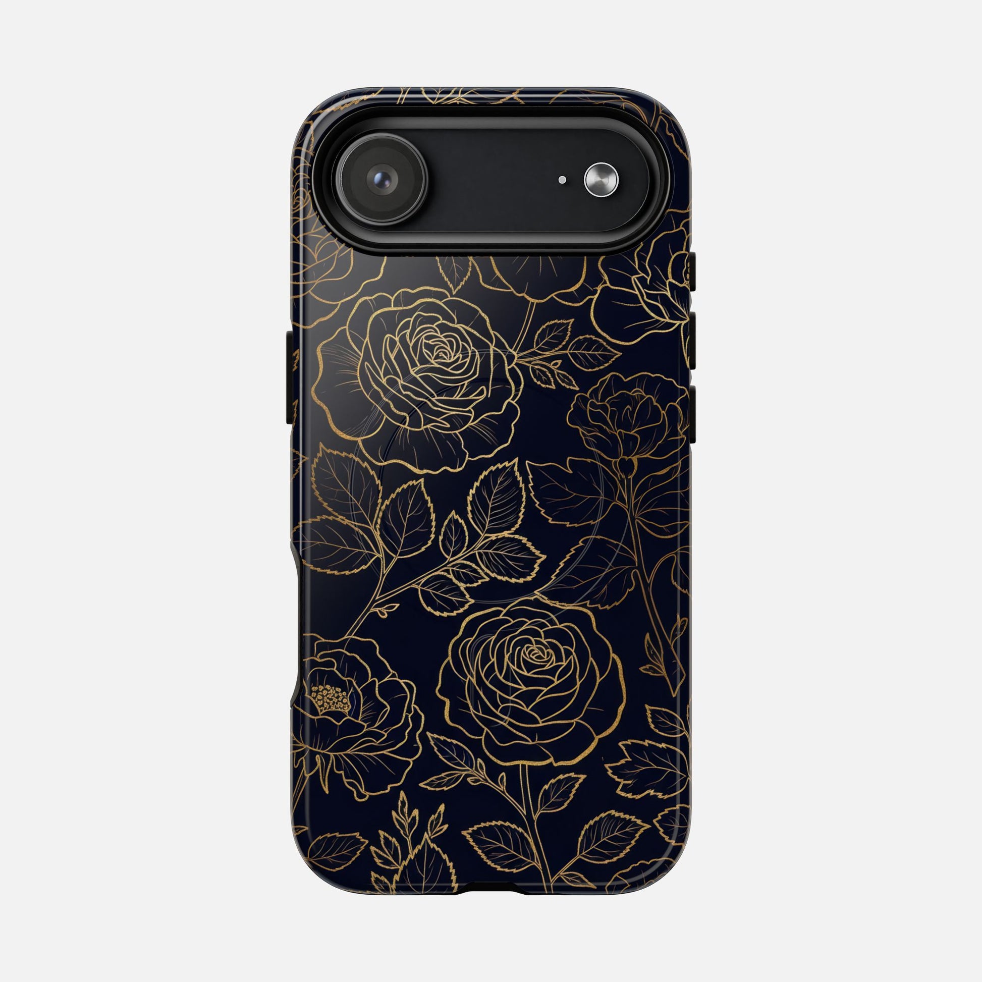 Floral Gold Outline Tough Magnetic Case — Elegant Black Rose Phone Cover iPhone 17 Air Glossy Phone Case