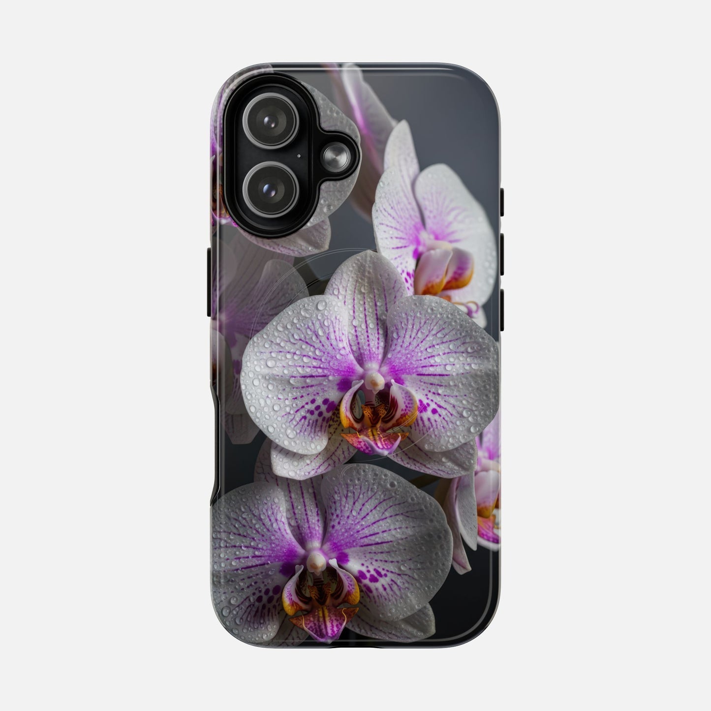 Orchid Bloom Tough Magnetic Phone Case — Waterdrop Floral Protection iPhone 17 Glossy Phone Case