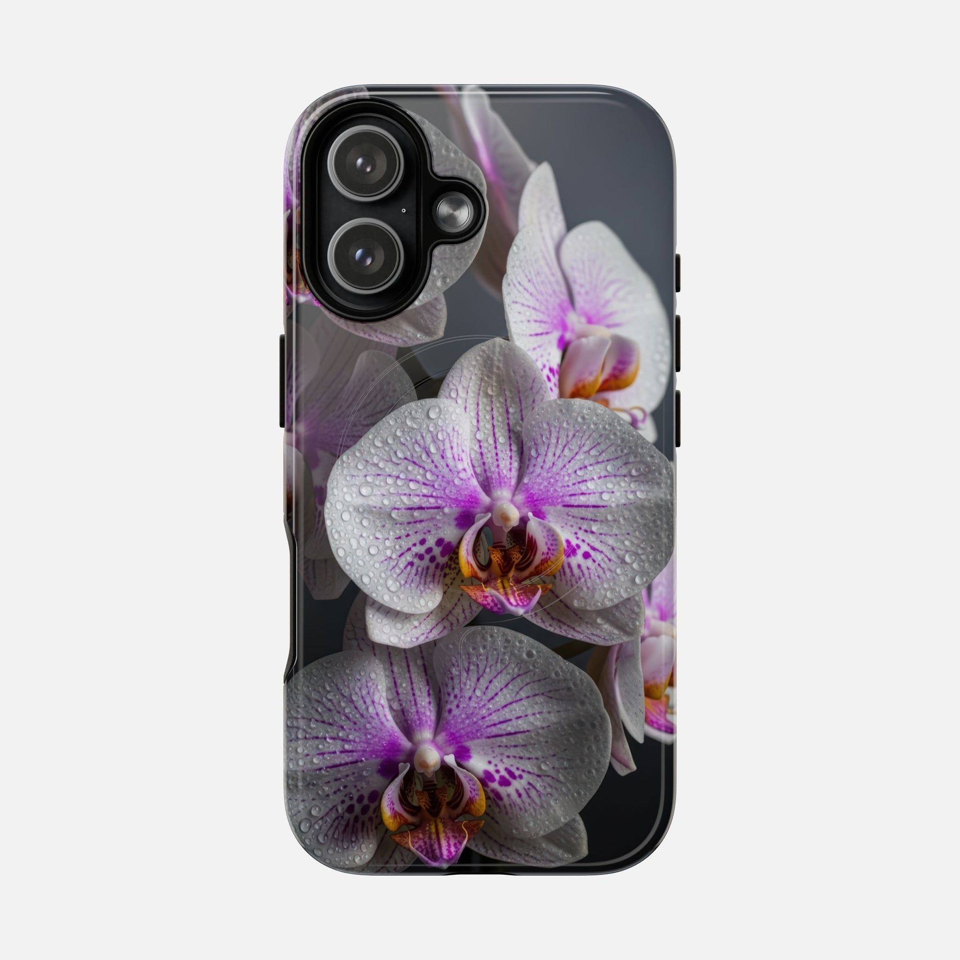 Orchid Bloom Tough Magnetic Phone Case — Waterdrop Floral Protection iPhone 17 Glossy Phone Case