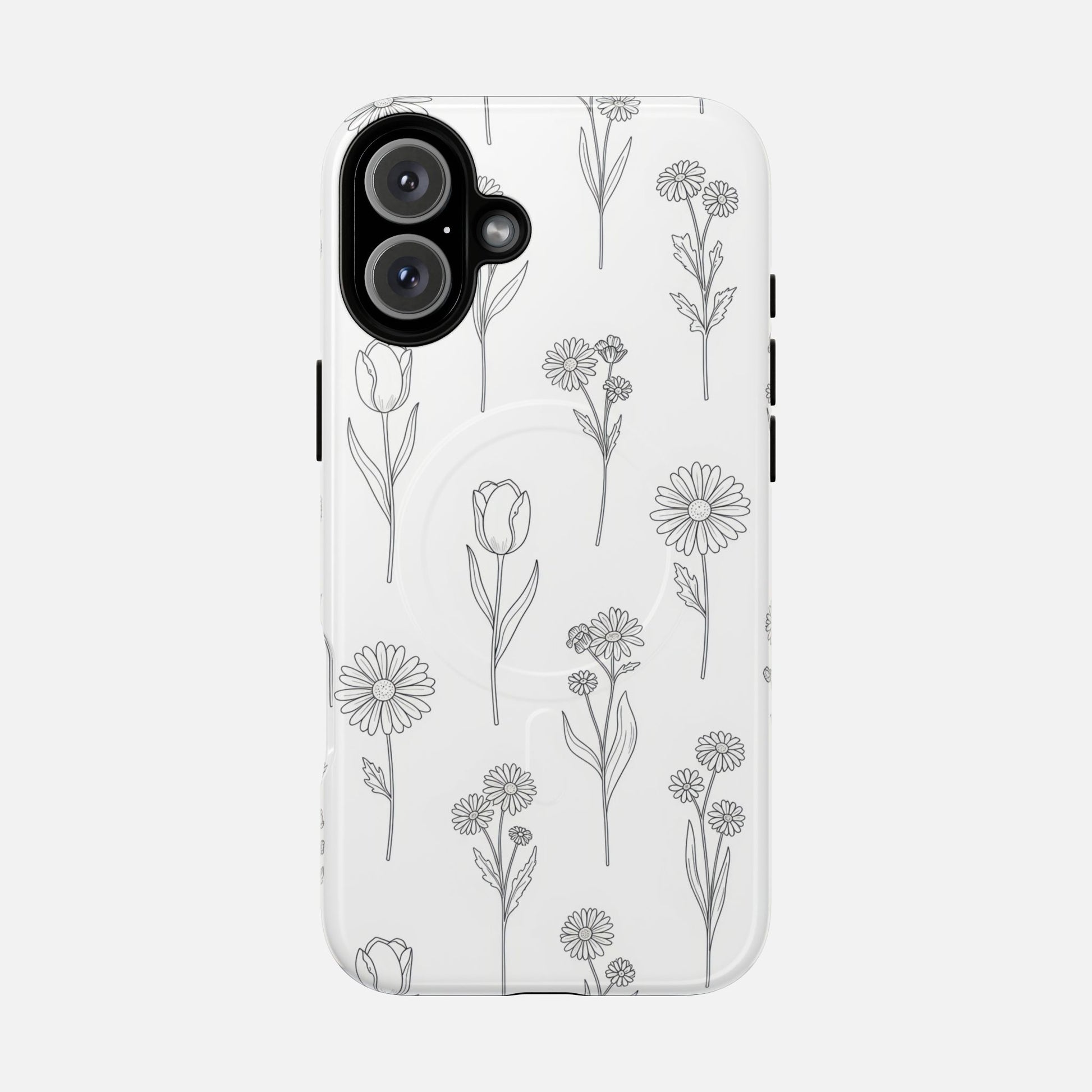 Floral Sketch Tough Magnetic Phone Case — Minimal Black Line Flower Design iPhone 16 Plus Glossy Phone Case