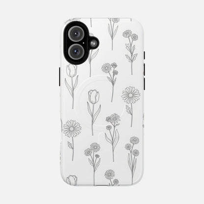 Floral Sketch Tough Magnetic Phone Case — Minimal Black Line Flower Design iPhone 16 Plus Glossy Phone Case