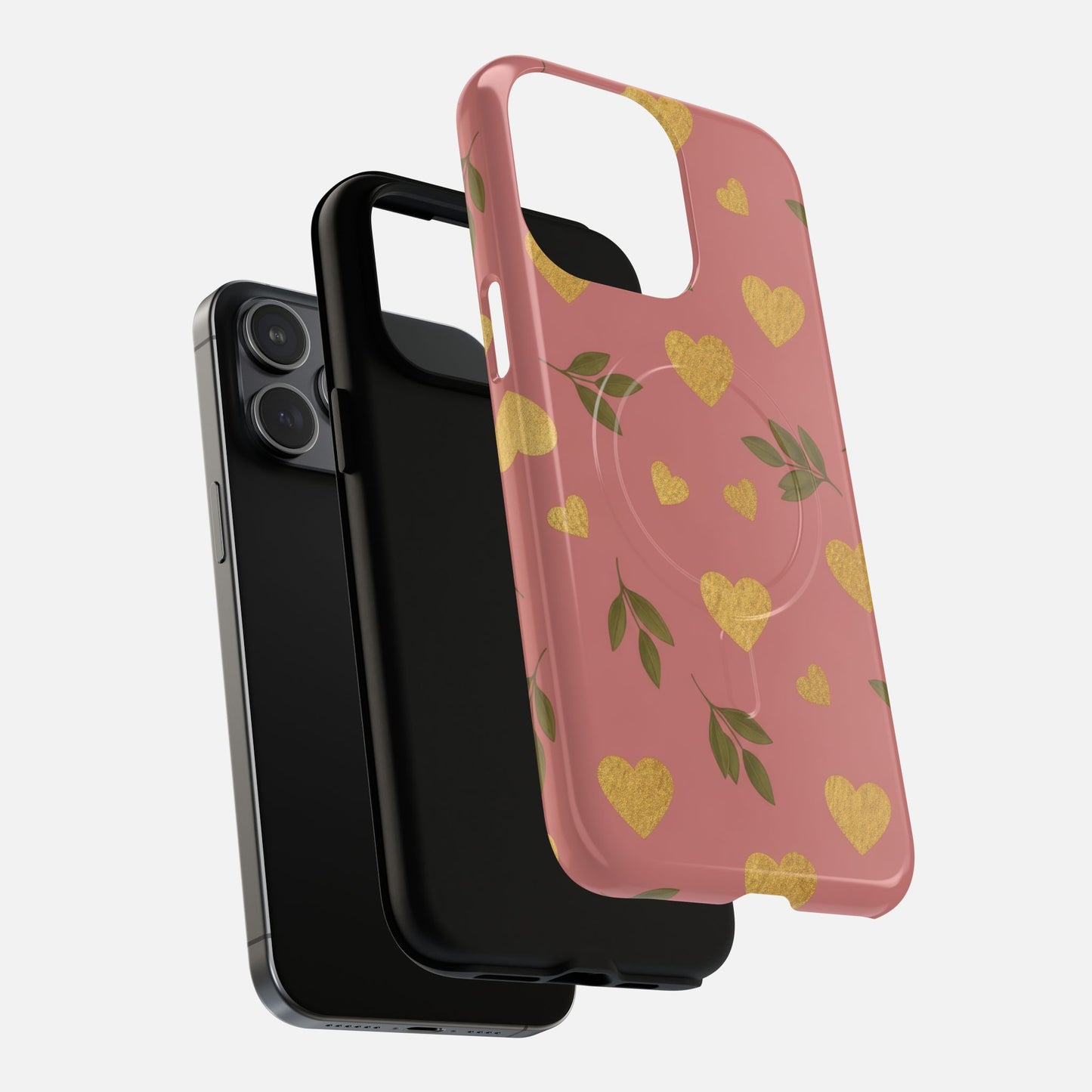 Pink phone case with gold hearts and green leaves, compatible with iPhone models, stylish and protective design.