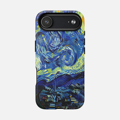 iPhone case with Van Gogh's Starry Night artwork, vibrant blue and yellow swirls, creative phone protection design