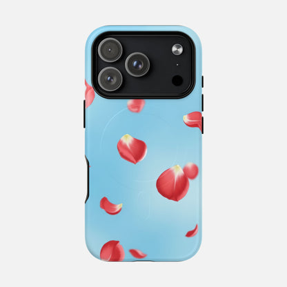 Light blue phone case with red rose petals design, modern printed pattern for iPhone protection
