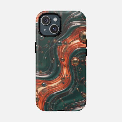 Magnetic Phone Case — Emerald & Copper Liquid Swirl Protective Cover iPhone 15 Matte Phone Case