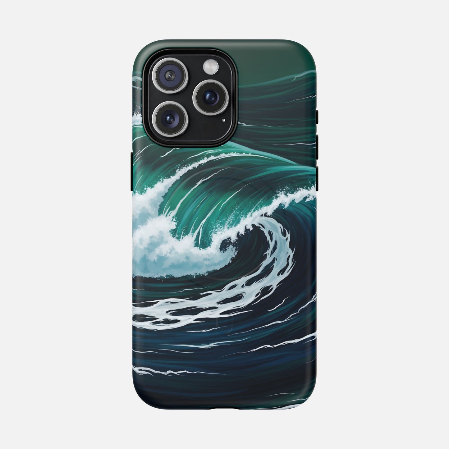 Ocean wave phone case with teal and navy surf design, fits iPhone Pro models