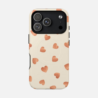 Heart Pattern Tough Magnetic Phone Case — Peach Watercolor Hearts, MagSafe Compatible iPhone 17 Pro Glossy Phone Case