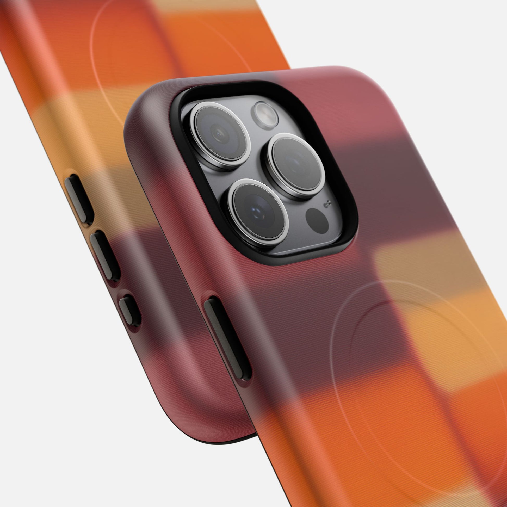 Phone case with vibrant orange-red gradient design, precise camera cutout, modern protective cover