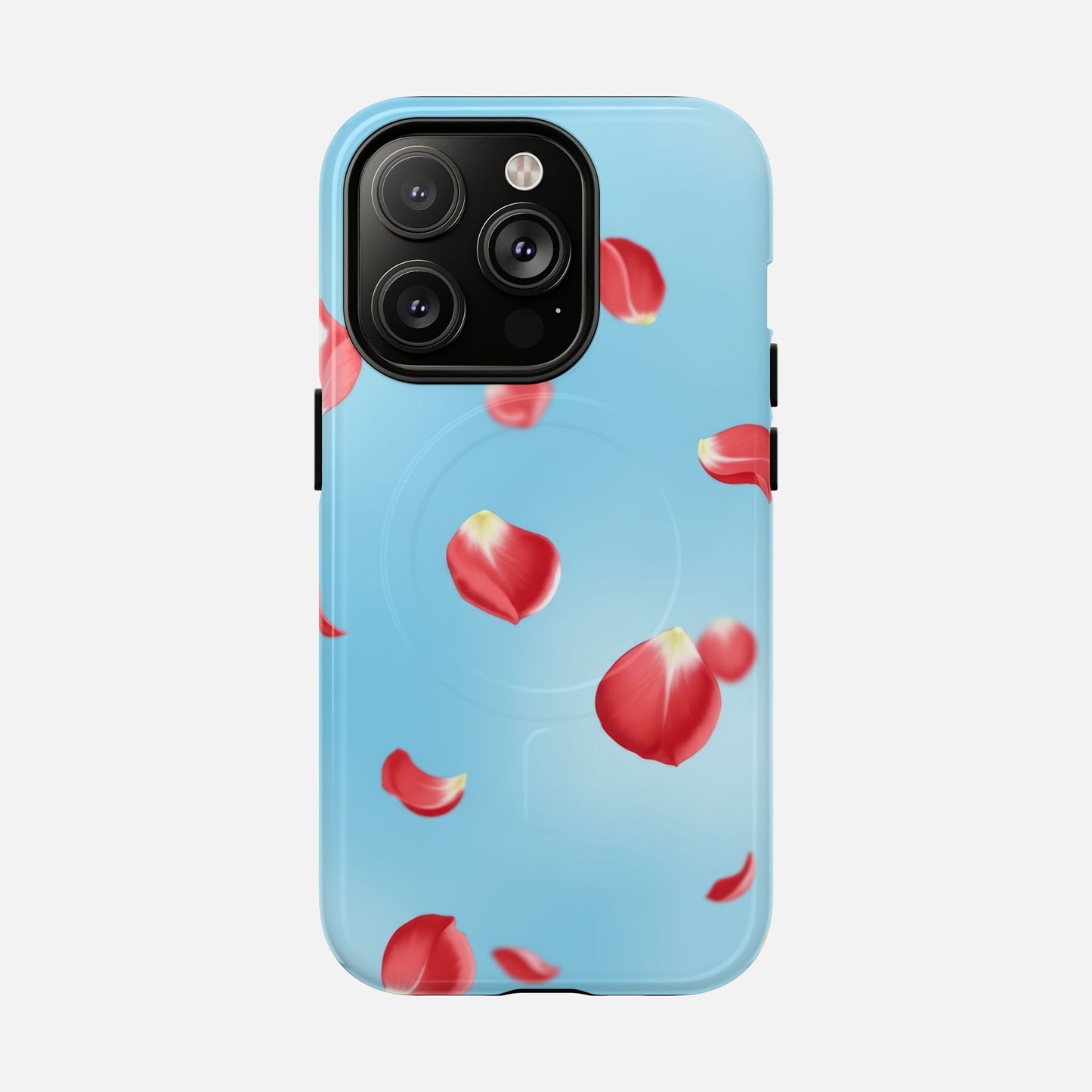 Light blue phone case with red rose petals, modern floral design for iPhone