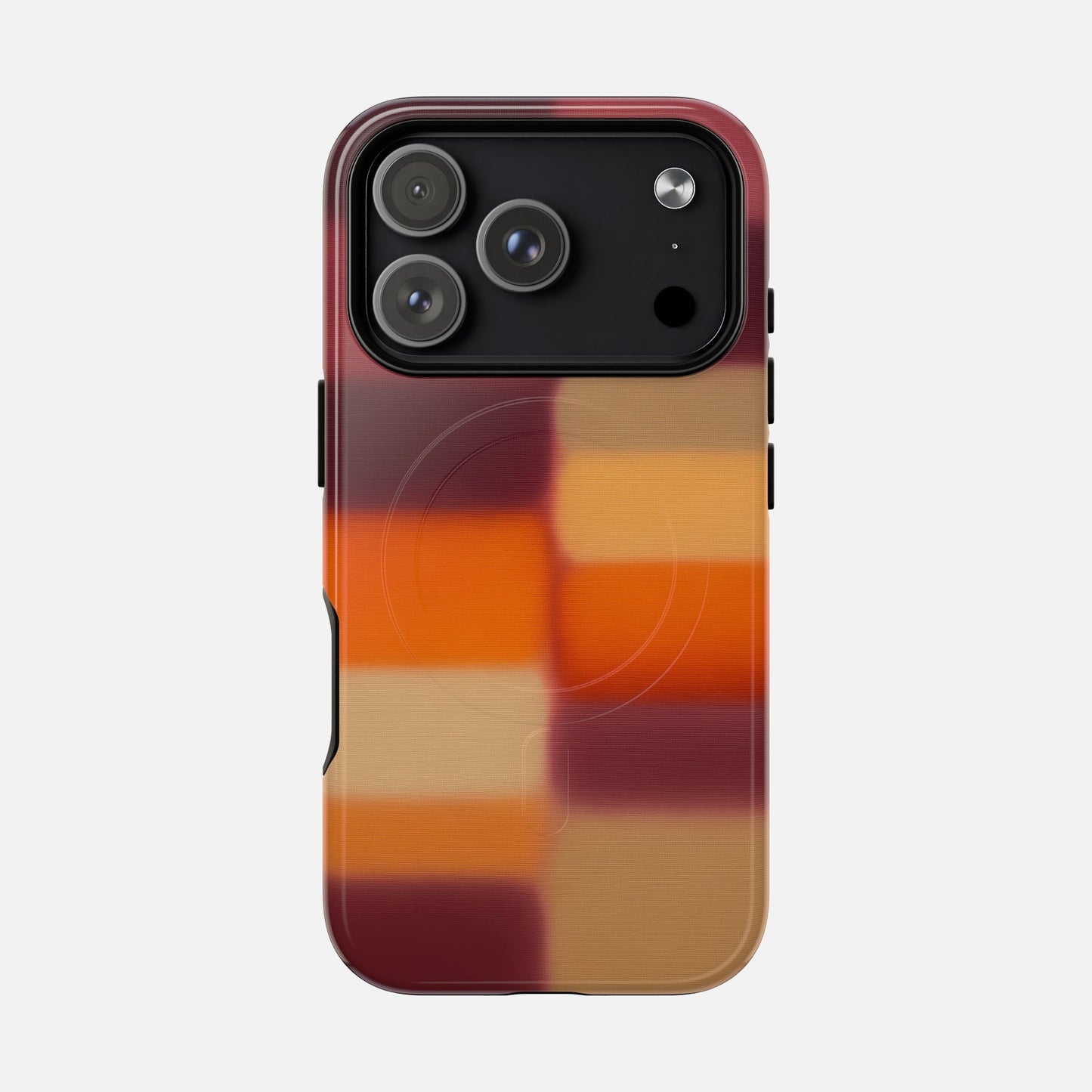 Colorful gradient phone case with modern plaid design for iPhone, featuring vibrant orange, red, and tan tones.