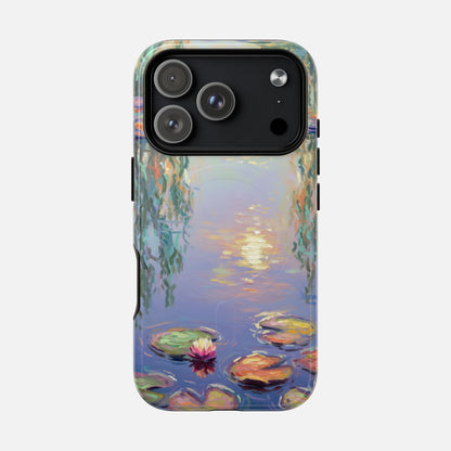 iPhone case with Monet-style water lily pond painting, artistic design for phone protection