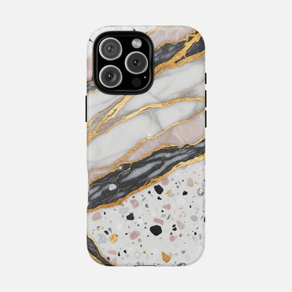 Marble and terrazzo phone case with gold accents, stylish protective cover for iPhone