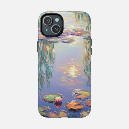 Phone case with Monet-style water lilies painting, colorful pond design for iPhone