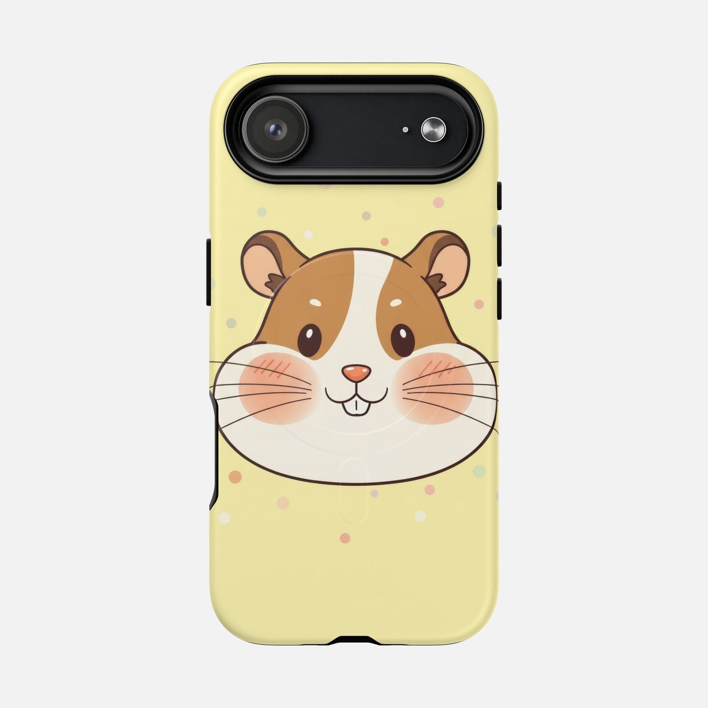 Cute hamster face phone case with pastel yellow background and polka dots, perfect for animal lovers