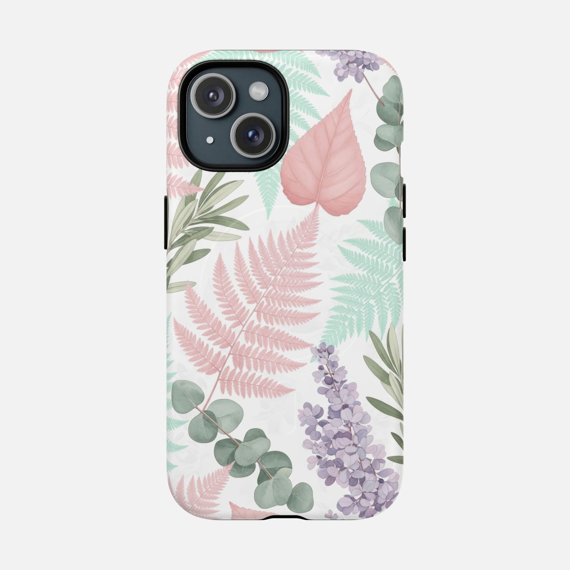 Floral Fern Tough Magnetic Phone Case — Pastel Leaves Protective Cover iPhone 15 Matte Phone Case