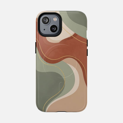 iPhone case with abstract wavy design in earthy tones, modern artistic phone protection