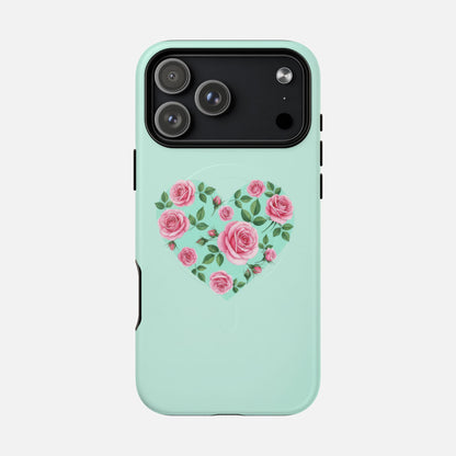 Floral Heart & Mint Rose iPhone Case — Tough Magnetic | MagSafe Compatible