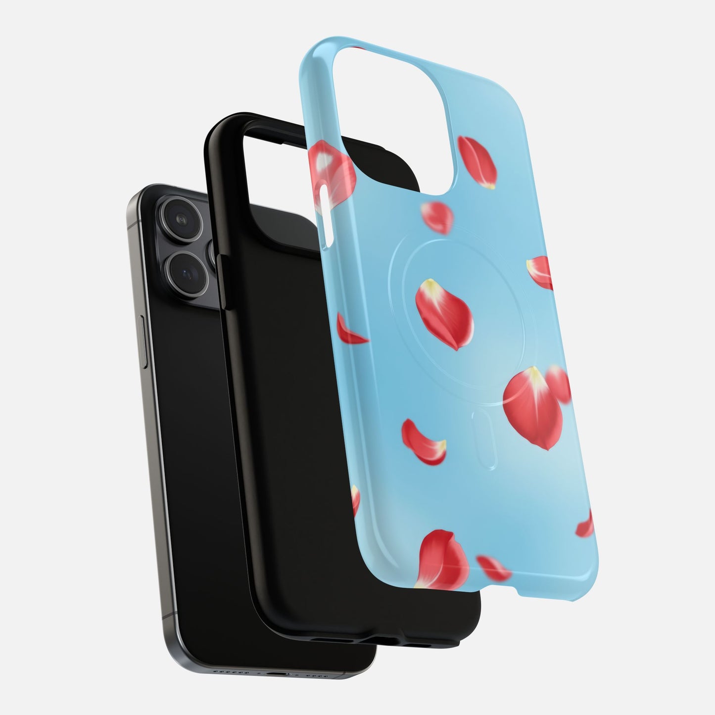 Light blue phone case with red rose petals design, compatible with iPhone, stylish and protective