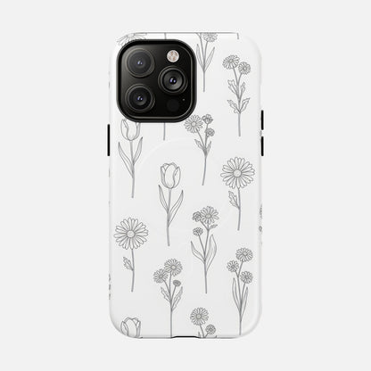 Floral Sketch Tough Magnetic Phone Case — Minimal Black Line Flower Design iPhone 14 Pro Max Matte Phone Case
