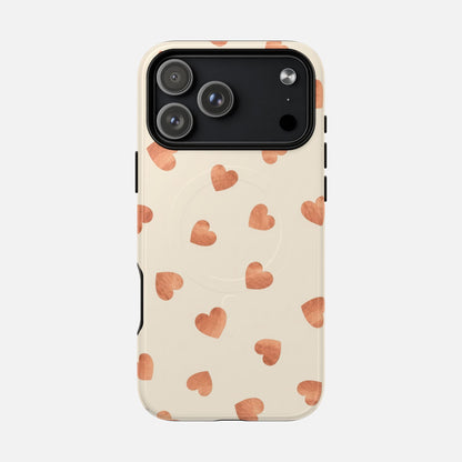 Heart Pattern Tough Magnetic Phone Case — Peach Watercolor Hearts, MagSafe Compatible iPhone 17 Pro Max Glossy Phone Case