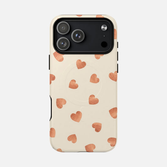 Heart Pattern Tough Magnetic Phone Case — Peach Watercolor Hearts, MagSafe Compatible iPhone 17 Pro Max Glossy Phone Case