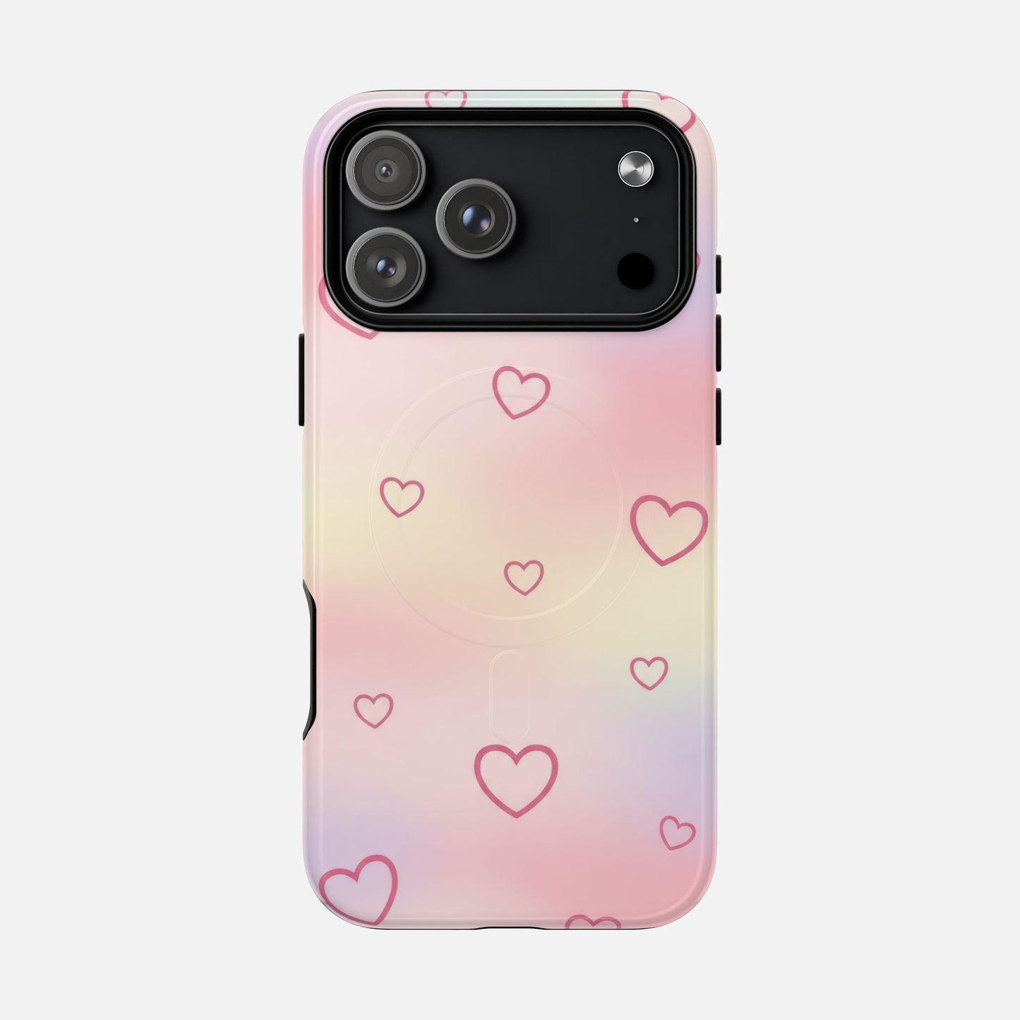 Pink gradient phone case with heart pattern and pop socket, stylish protection for iPhone
