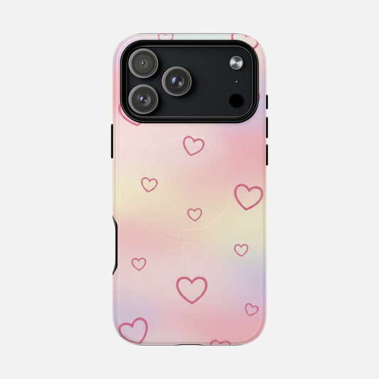 Pink gradient phone case with heart pattern and pop socket, stylish protection for iPhone