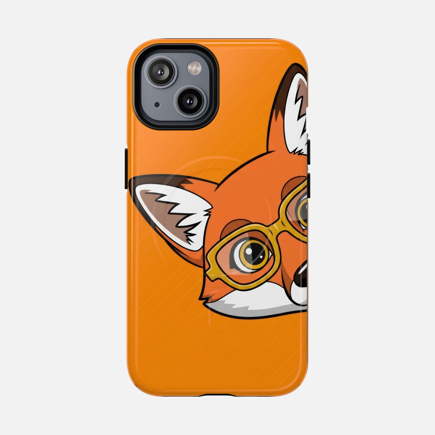Cute fox with glasses phone case, orange background, creative design for iPhone