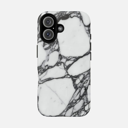 White and black marble pattern phone case on smartphone, modern stylish design