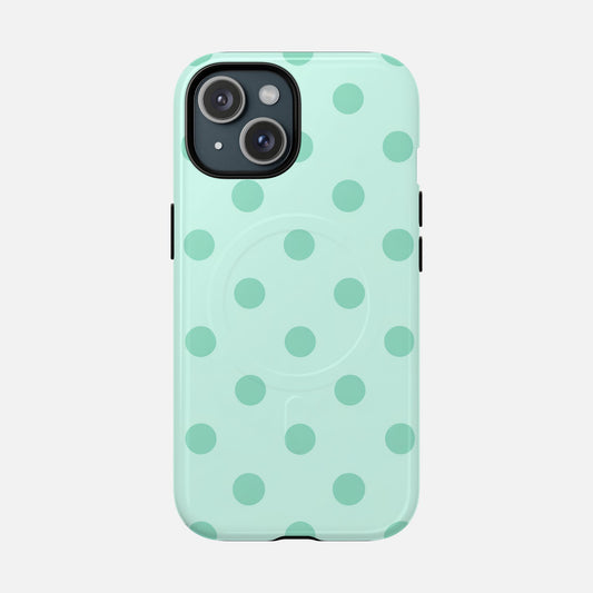 Mint Polka Dot Magnetic Phone Case — Tough Protective MagSafe‑Compatible Cover iPhone 15 Glossy Phone Case