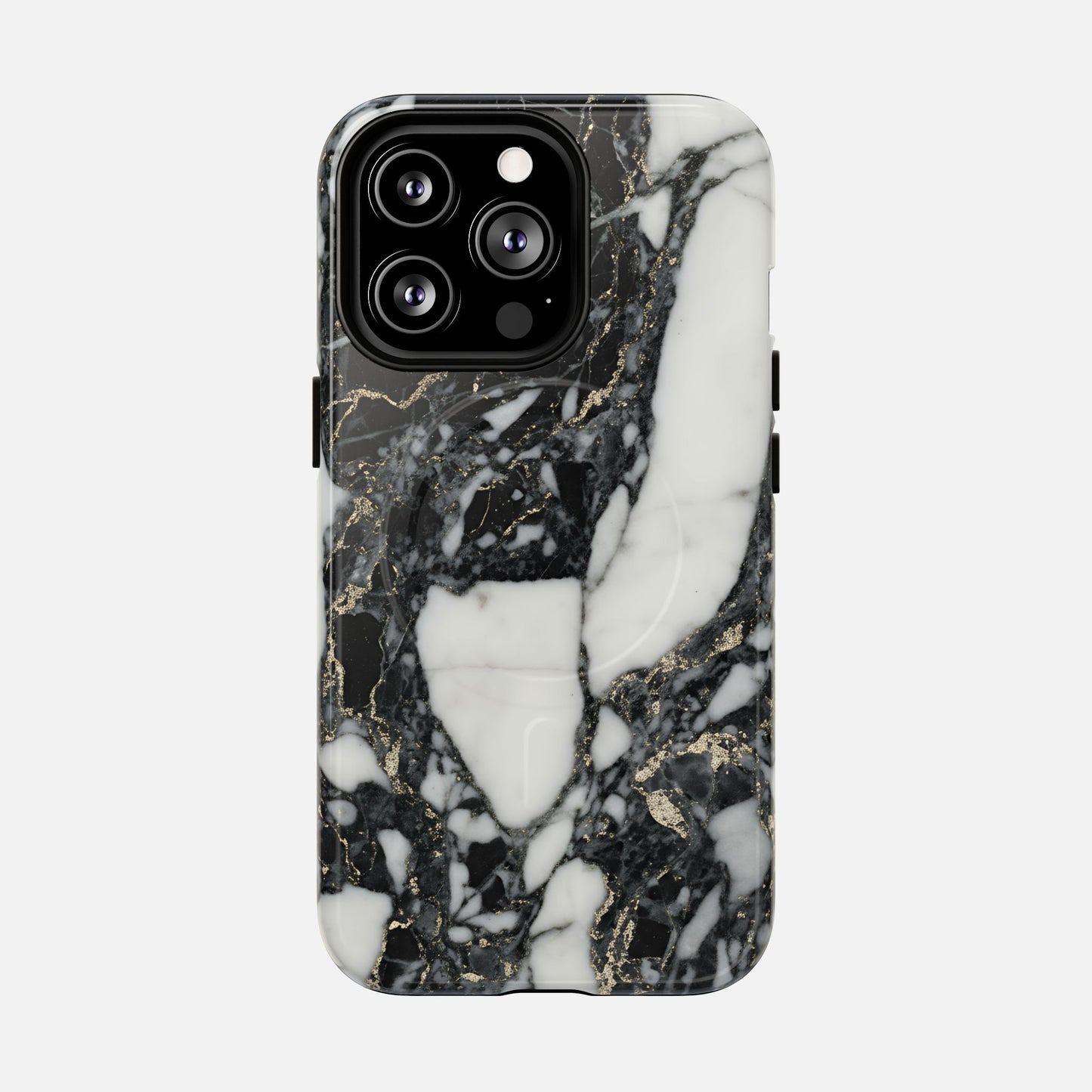 Black and white marble iPhone case with gold veining, modern phone accessory