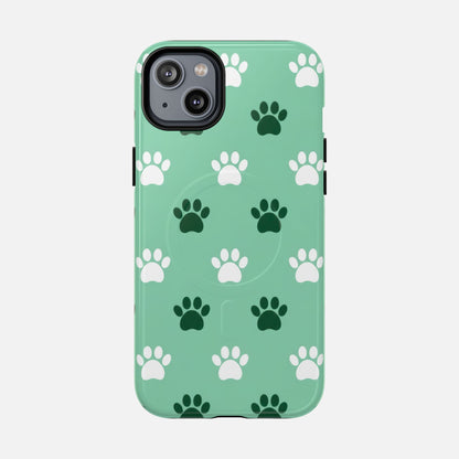 Mint green phone case with white and dark green paw print pattern, compatible with iPhone models