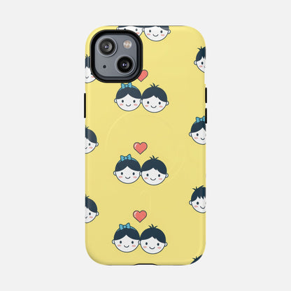 Cute Couple Pattern Yellow Heart-Faced Duo Design iPhone Case — Tough Magnetic | MagSafe Compatible