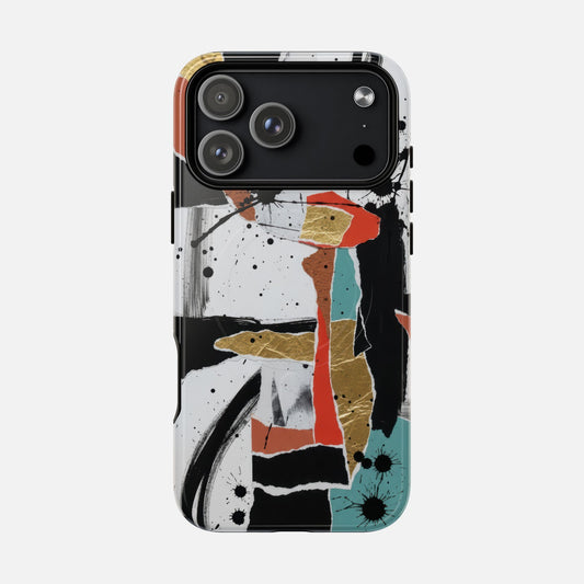 Abstract Brushstroke Tough Magnetic Phone Case — Black, Teal & Gold Art iPhone 17 Pro Max Glossy Phone Case