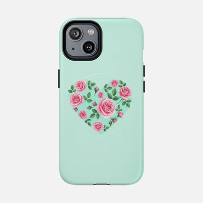 Floral Heart & Mint Rose iPhone Case — Tough Magnetic | MagSafe Compatible