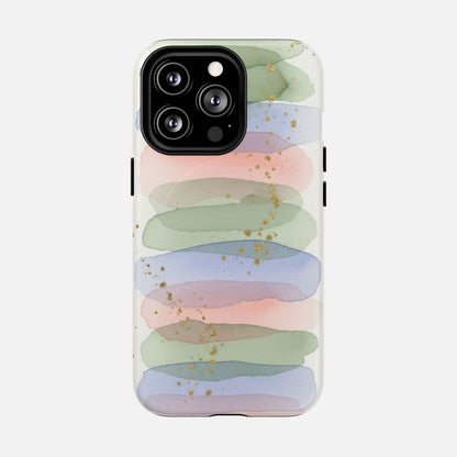 Pastel watercolor phone case with gold glitter, modern abstract design for iPhone