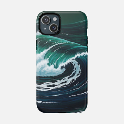 Ocean wave phone case with teal and navy surf design, protective cover for iPhone