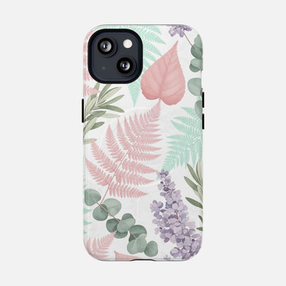 Floral Fern Tough Magnetic Phone Case — Pastel Leaves Protective Cover iPhone 13 Glossy Phone Case