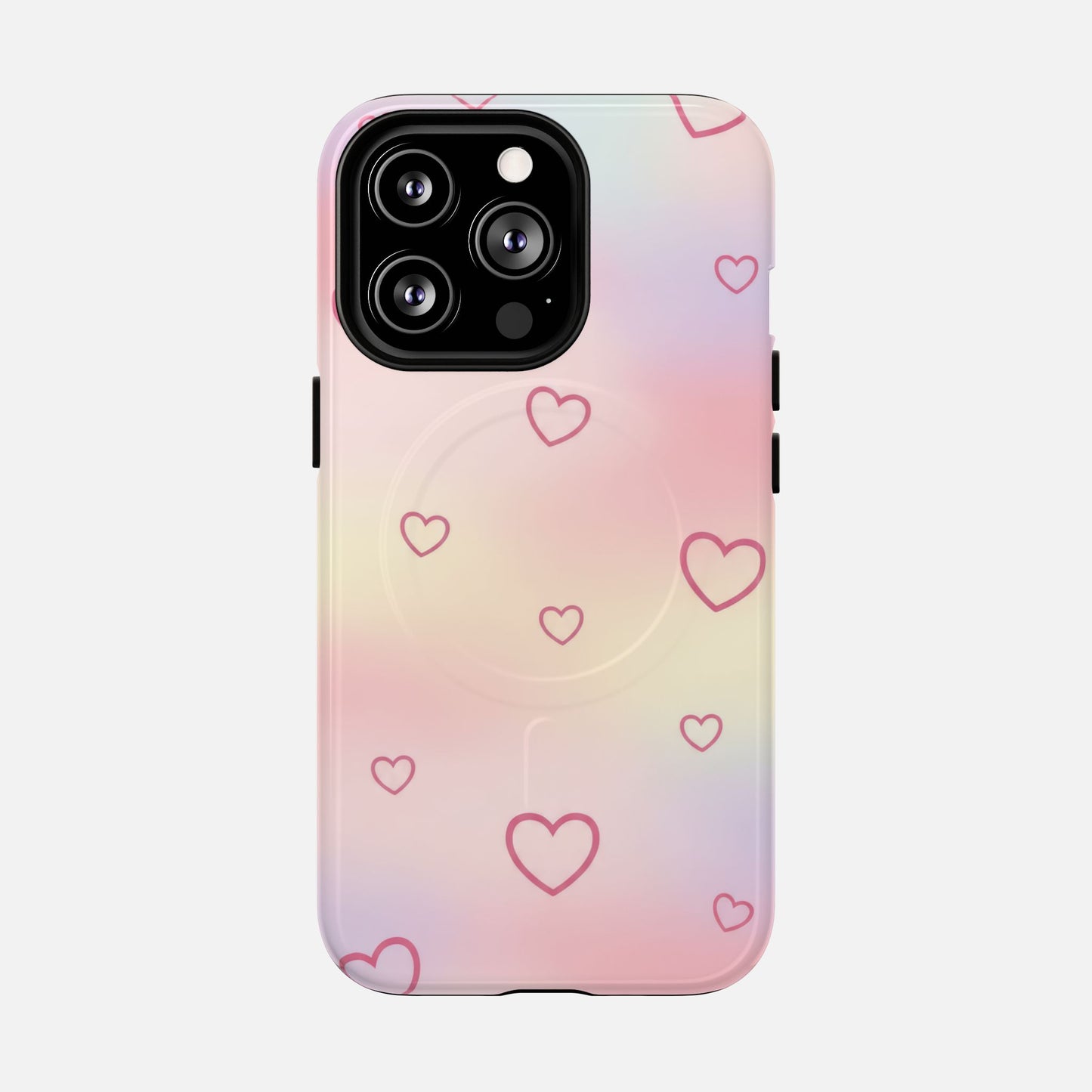 Pastel gradient phone case with pink heart outlines, compatible with iPhone Pro models