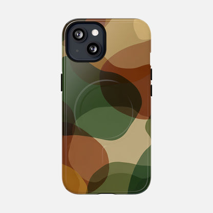 Camouflage phone case with green, brown, and tan pattern for iPhone 13