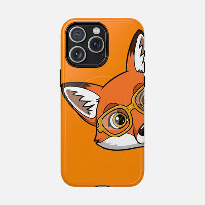 Orange phone case with cute cartoon fox wearing glasses, creative design for iPhone