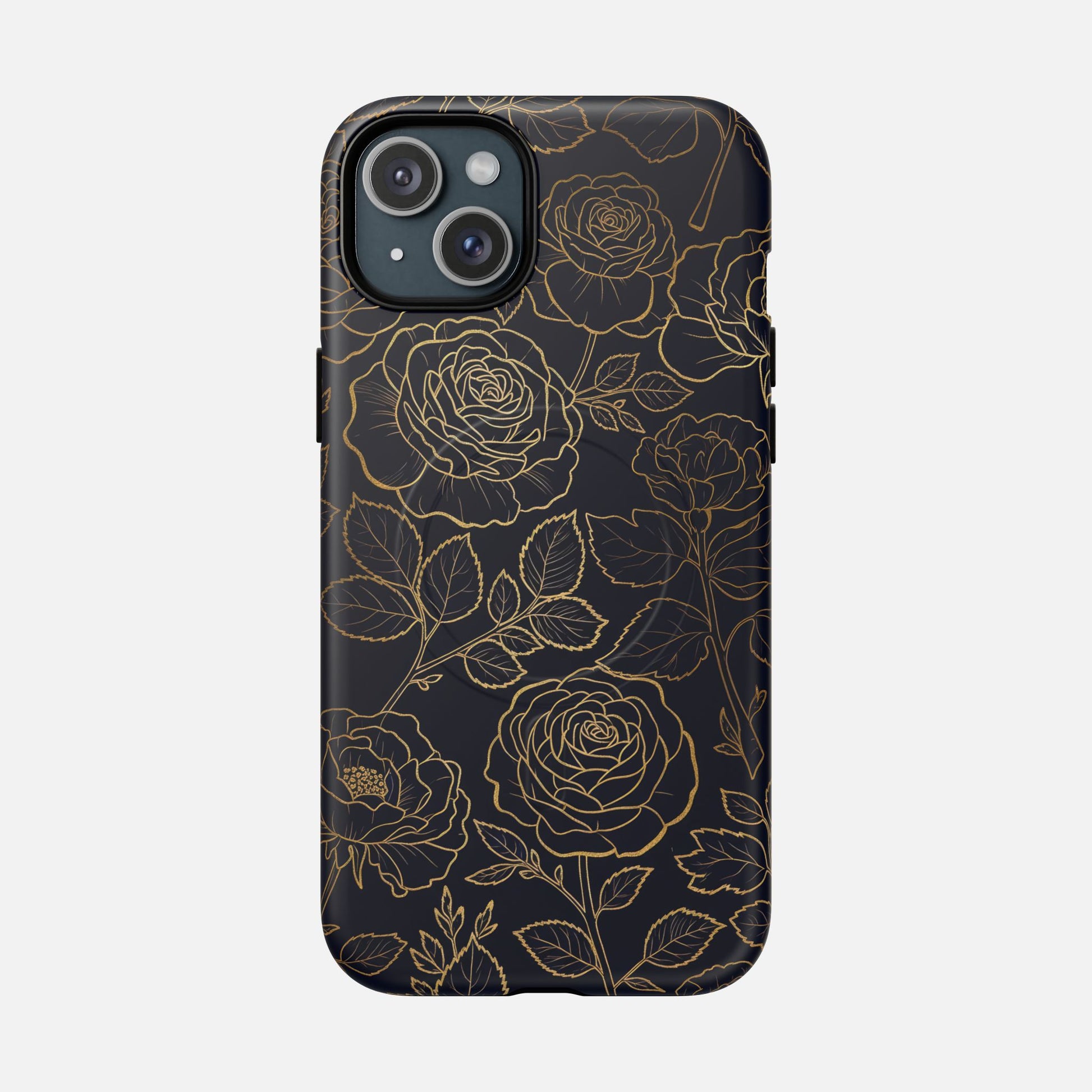 Floral Gold Outline Tough Magnetic Case — Elegant Black Rose Phone Cover iPhone 15 Plus Matte Phone Case