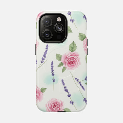 Floral Rose & Lavender Tough Magnetic Phone Case — Protective Magnetic iPhone Cover iPhone 14 Pro Glossy Phone Case