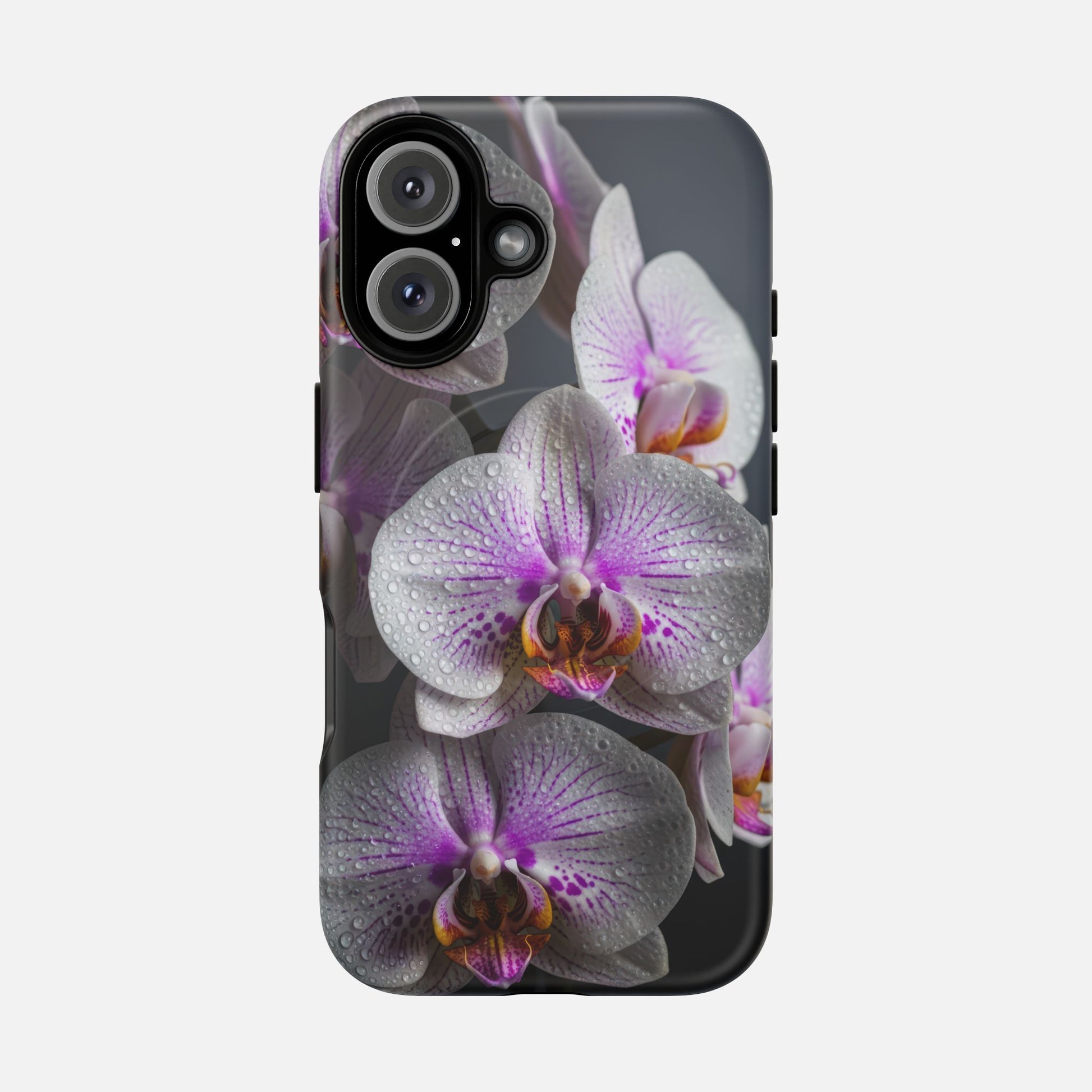 Orchid Bloom Tough Magnetic Phone Case — Waterdrop Floral Protection iPhone 16 Matte Phone Case