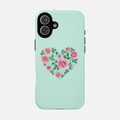 Floral Heart & Mint Rose iPhone Case — Tough Magnetic | MagSafe Compatible