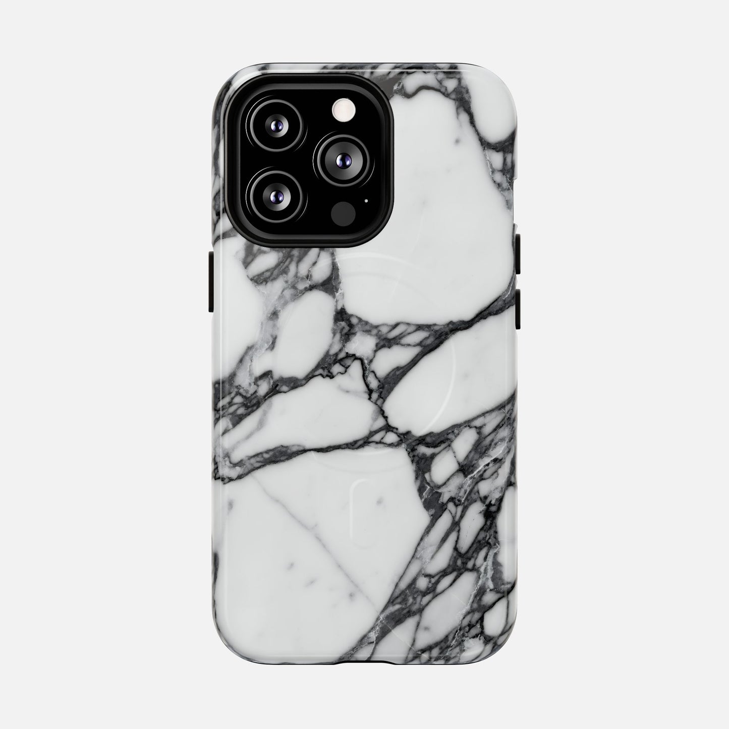 White marble phone case with black veining, modern protective cover design