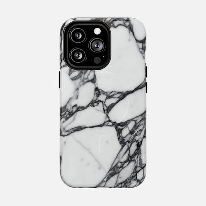White marble phone case with black veining, modern protective cover design
