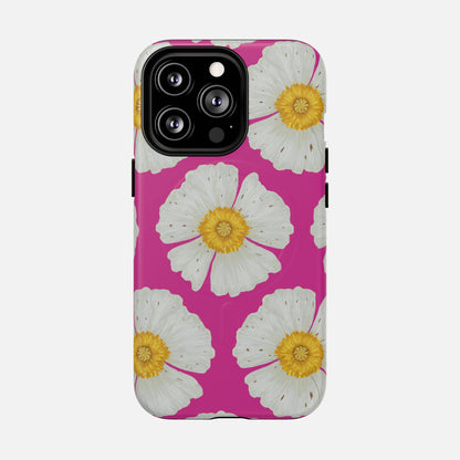Pink phone case with white flowers and yellow centers, floral design for iPhone